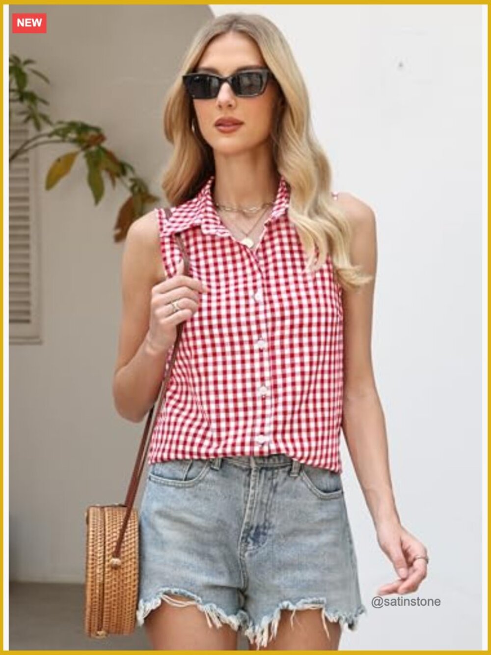 Women Cotton Gingham Button Down Blouse Slim Fit Sleeveless Top Shirt - Picture 2 of 7
